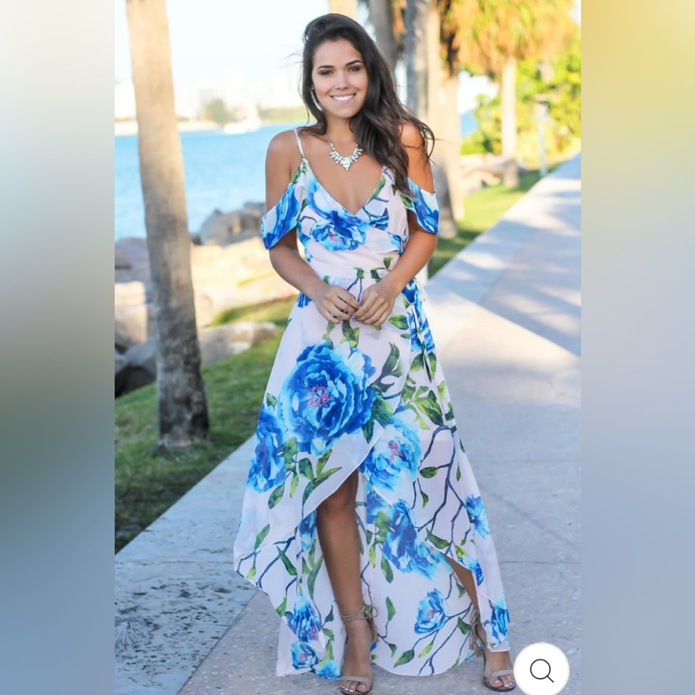 Saved By The Dress (Soieblu) - BLUSH AND BLUE FLORAL OFF SHOULDER WRAP DRESS